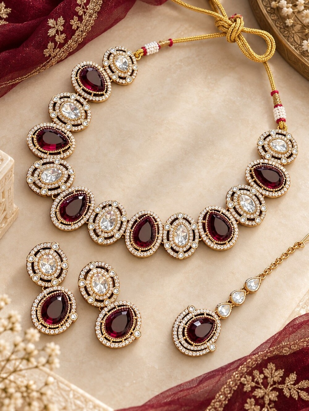 Maroon Polki Necklace Set with Earrings & Maang Tikka | Indian Jewelry